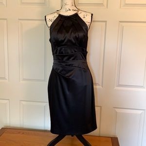 Satin LBD halter dress with gold metal detail